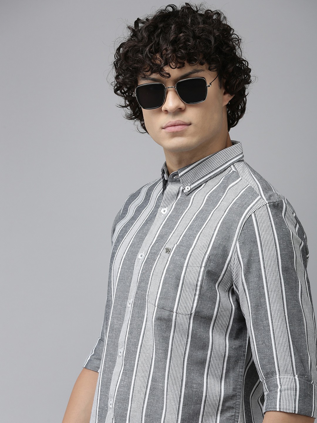 

THE BEAR HOUSE Slim Fit Striped Casual Shirt, Grey