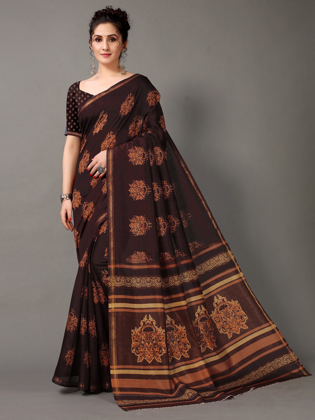 

Shaily Brown & Copper-Toned Ethnic Motifs Printed Zari Saree