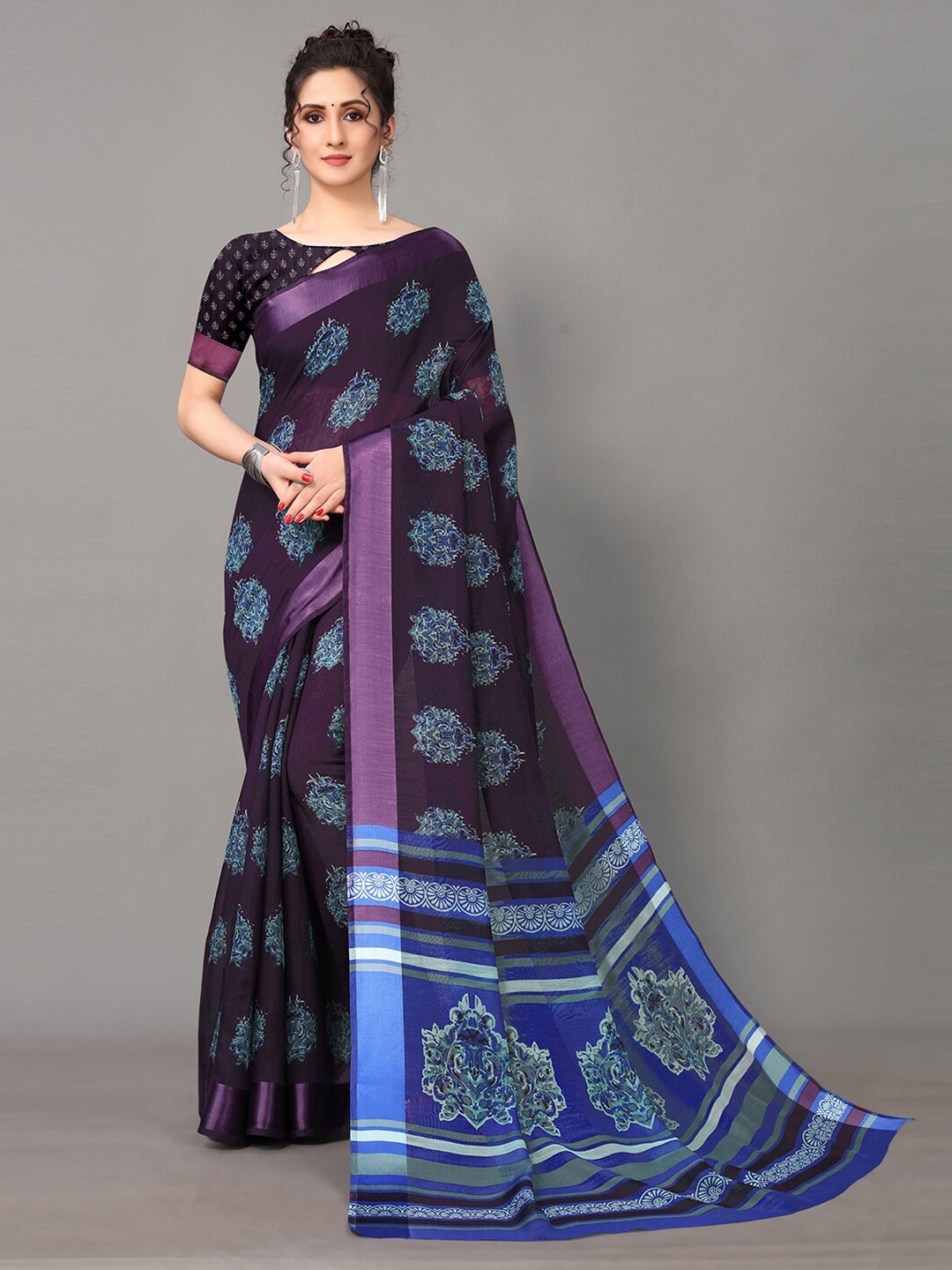 

Shaily Purple & Blue Ethnic Motifs Printed Saree