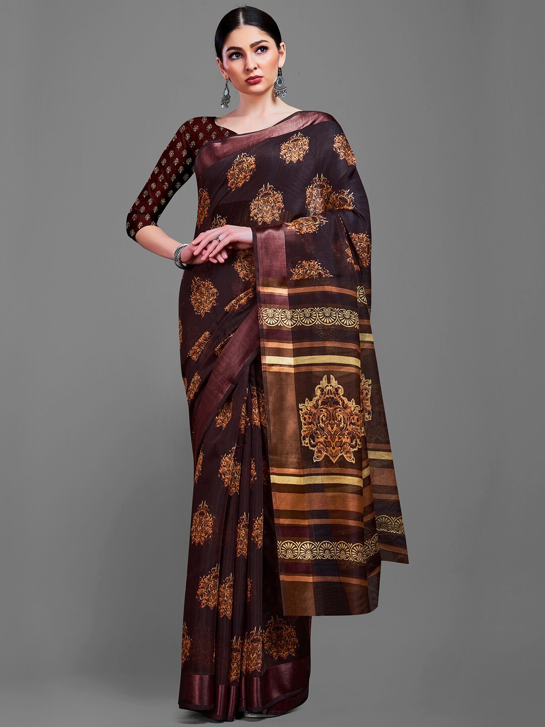 

Shaily Brown & Gold-Toned Ethnic Motifs Printed Saree