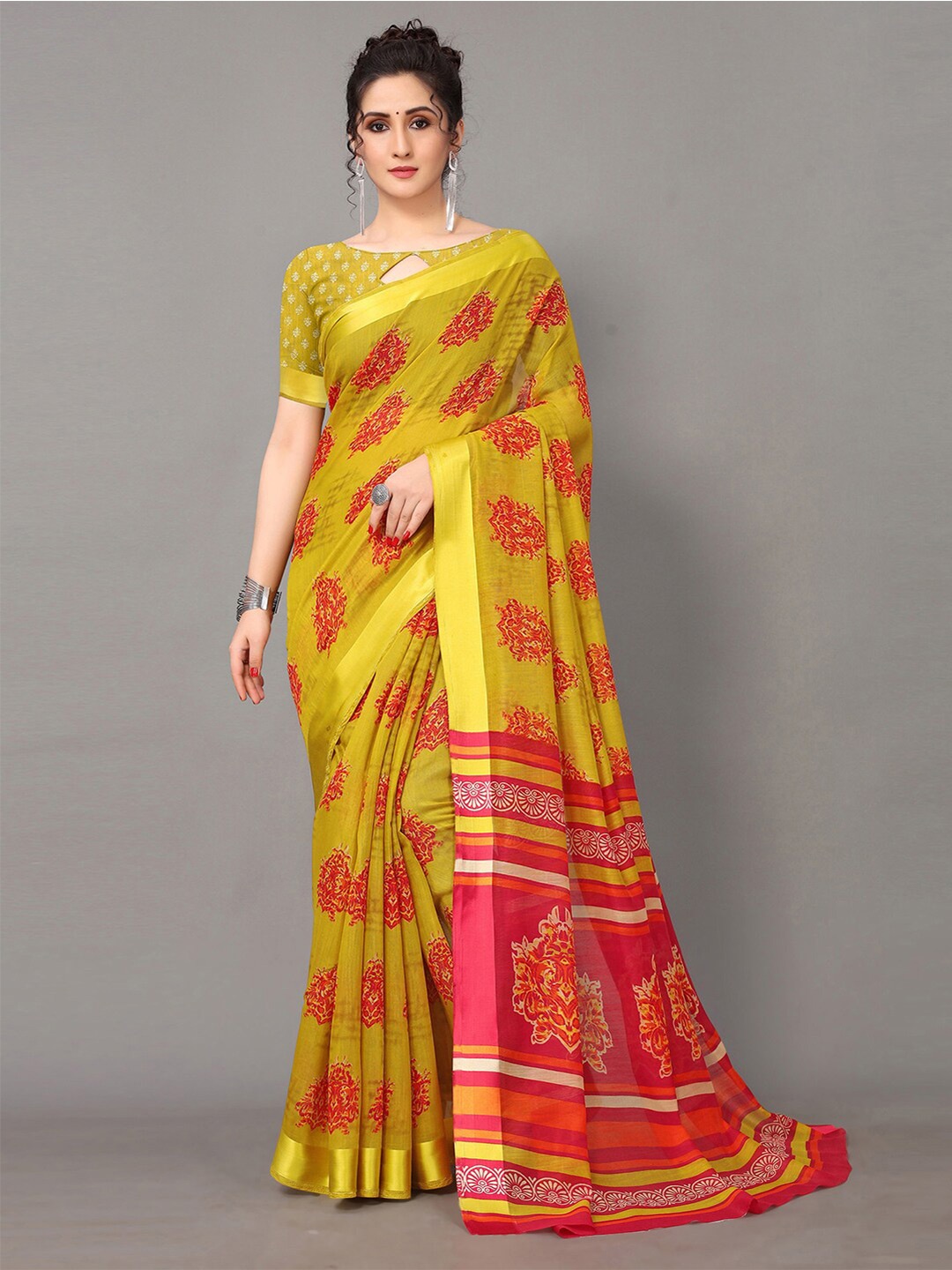 

Shaily Mustard & Red Ethnic Motifs Printed Saree