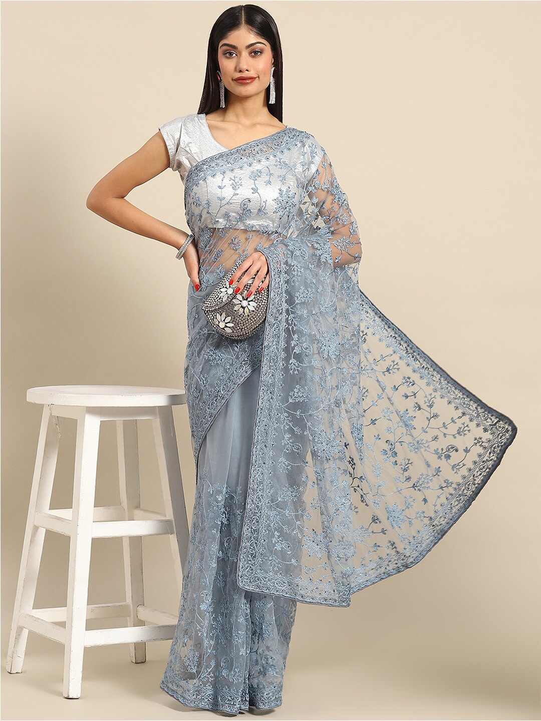 

Nimayaa Floral Embroidered Net Saree, Grey