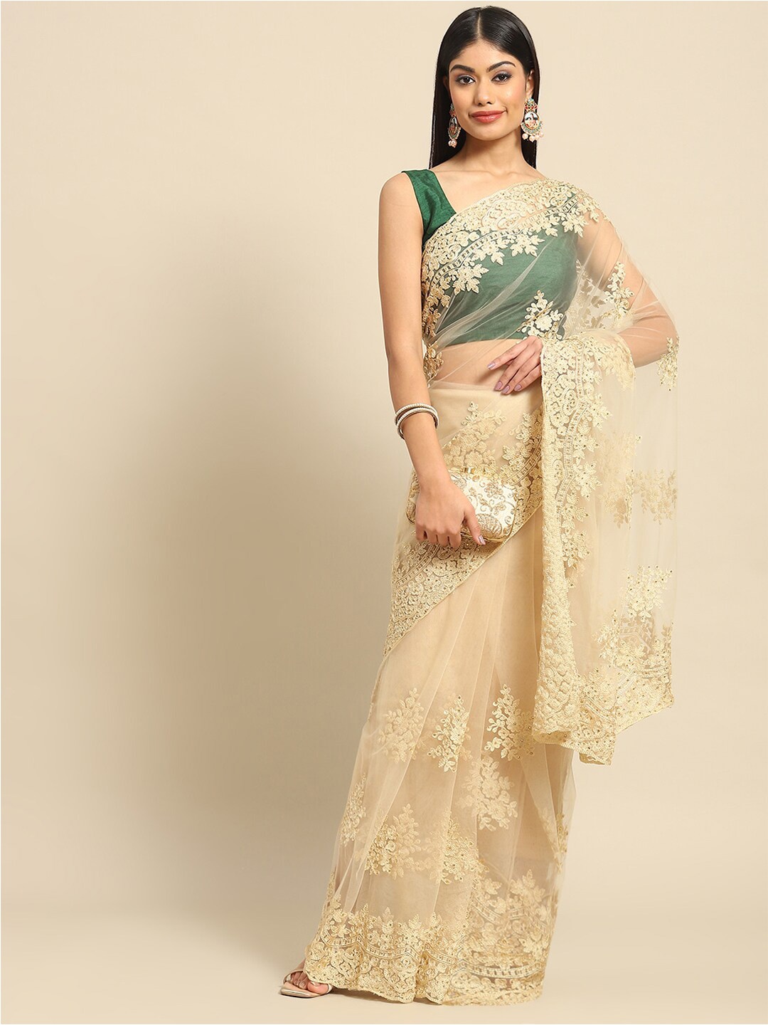 

Nimayaa Floral Embroidered Beads and Stones Net Saree, Cream
