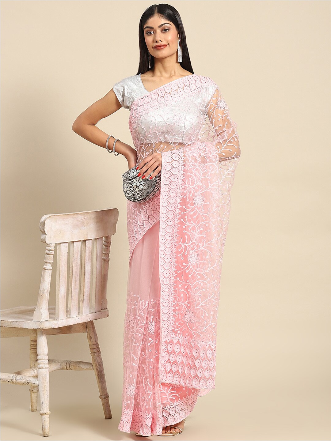 

Nimayaa Floral Embroidered Beads and Stones Net Saree, Pink