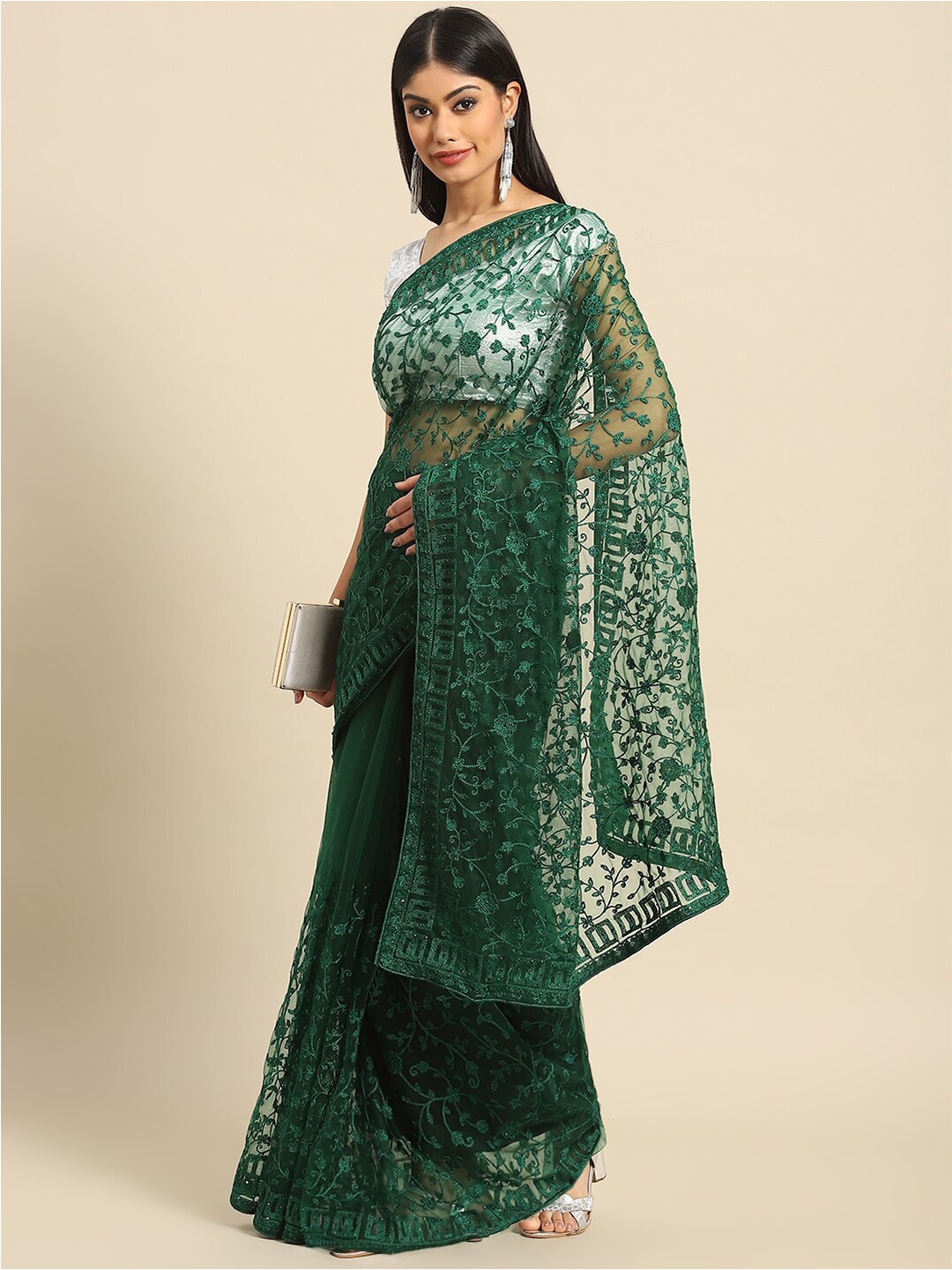 

Nimayaa Floral Embroidered Net Saree, Green