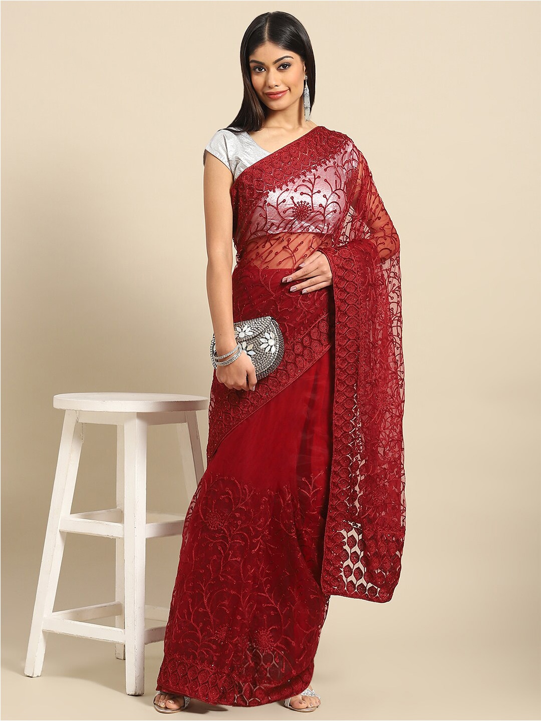 

Nimayaa Floral Embroidered Net Saree, Maroon