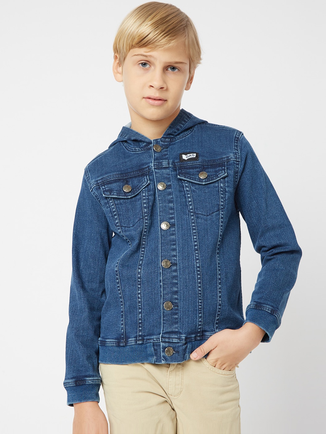 

GAS Boys Washed Hooded Cotton Denim Jacket, Blue
