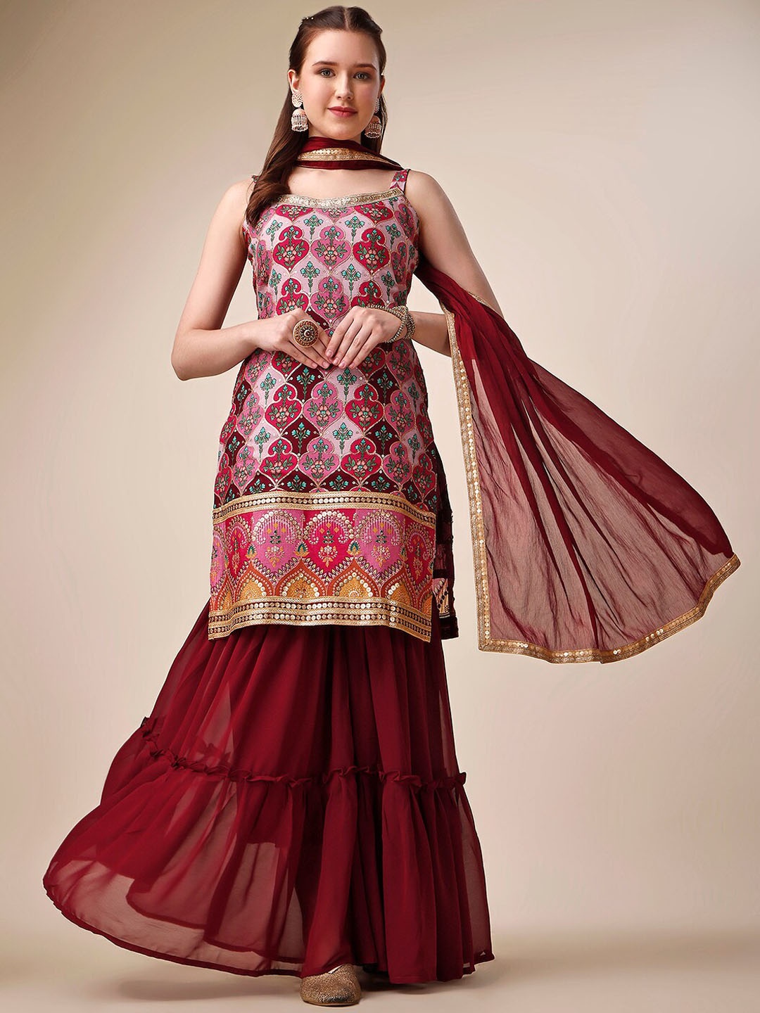 

JATRIQQ Ethnic Motifs Printed Sequinned Kurta with Sharara & Dupatta, Pink