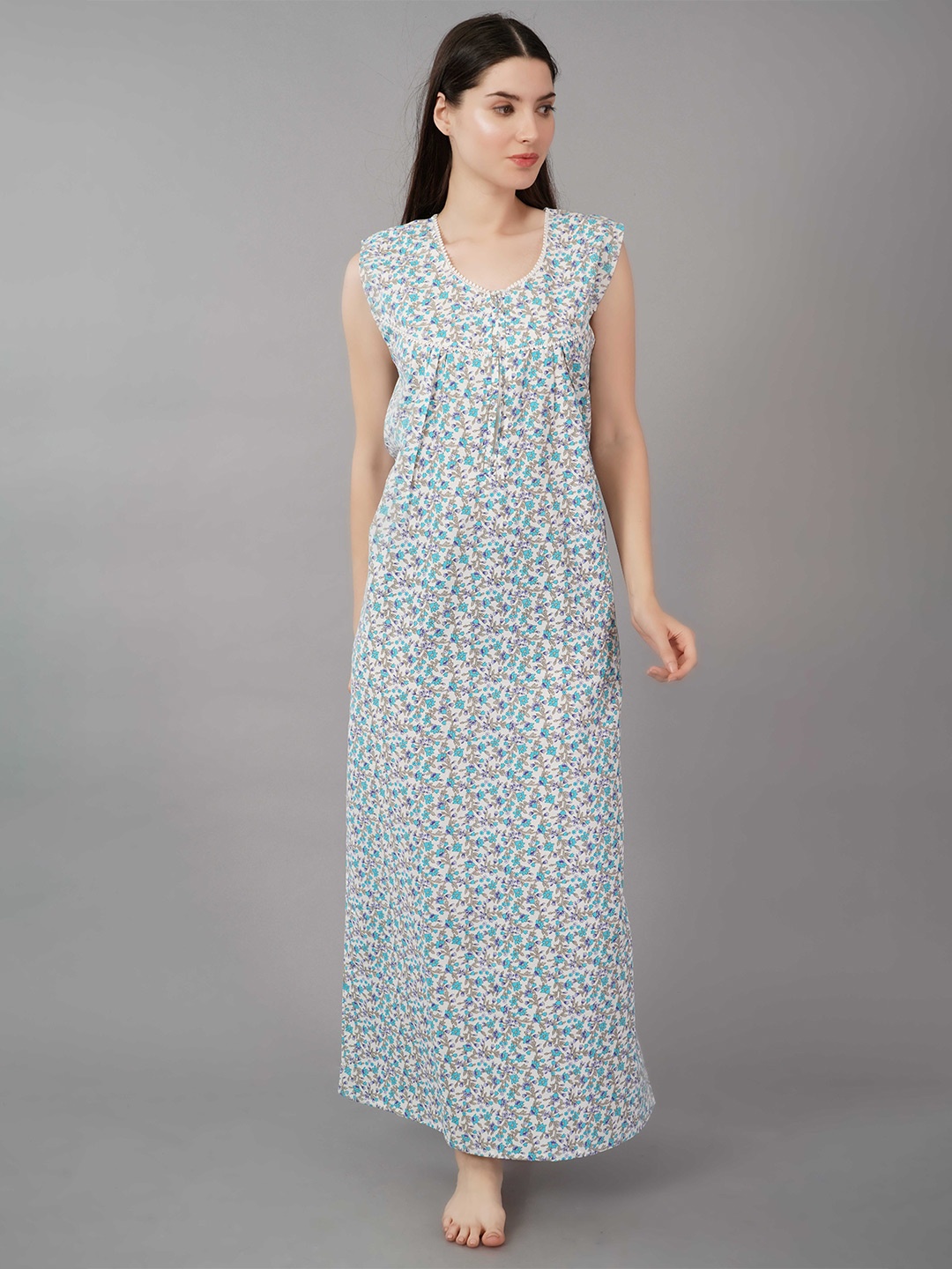 

Noty Floral Printed Pure Cotton Maxi Nightdress, Blue