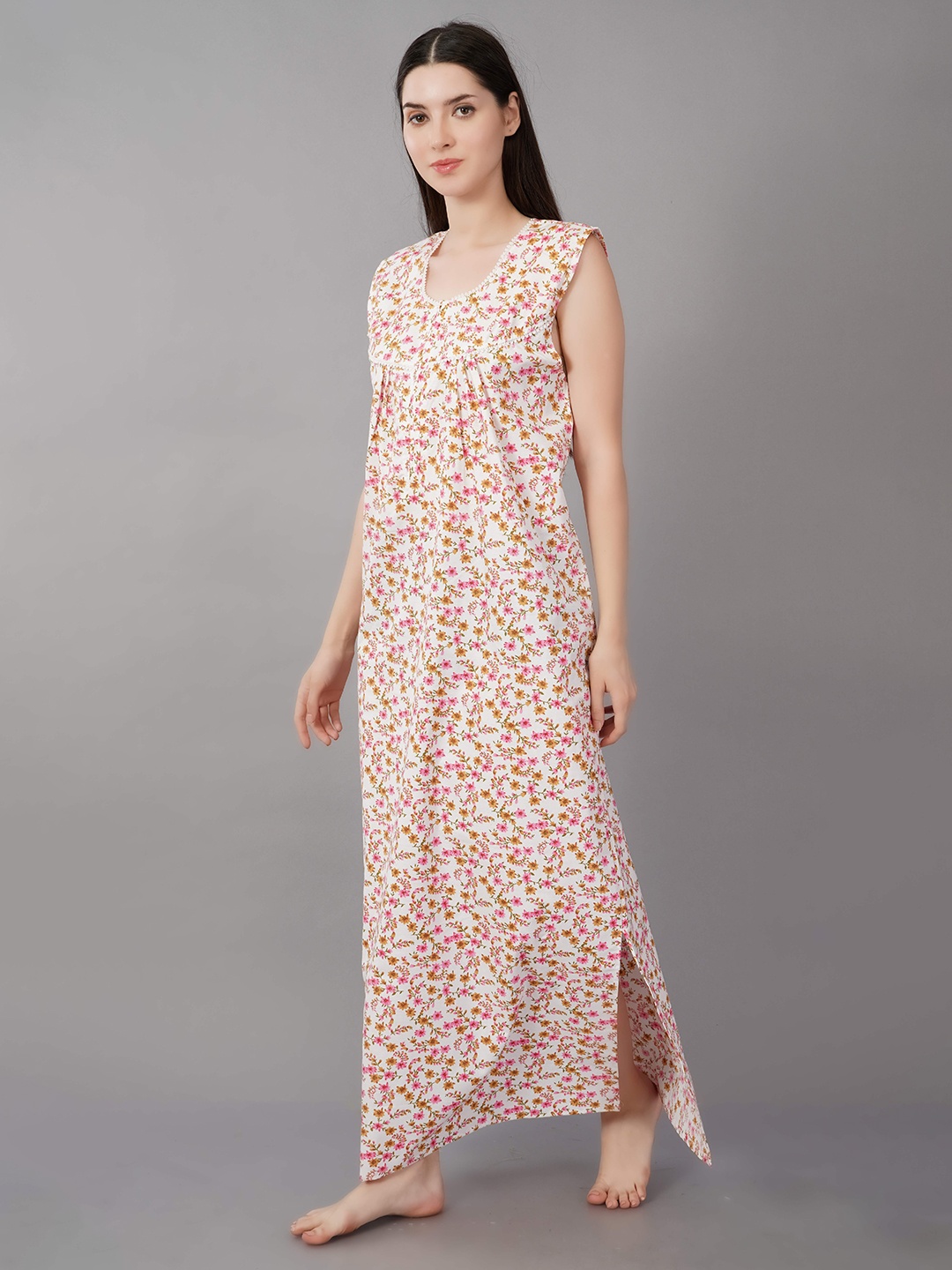 

Noty Floral Printed Pure Cotton Maxi Nightdress, White