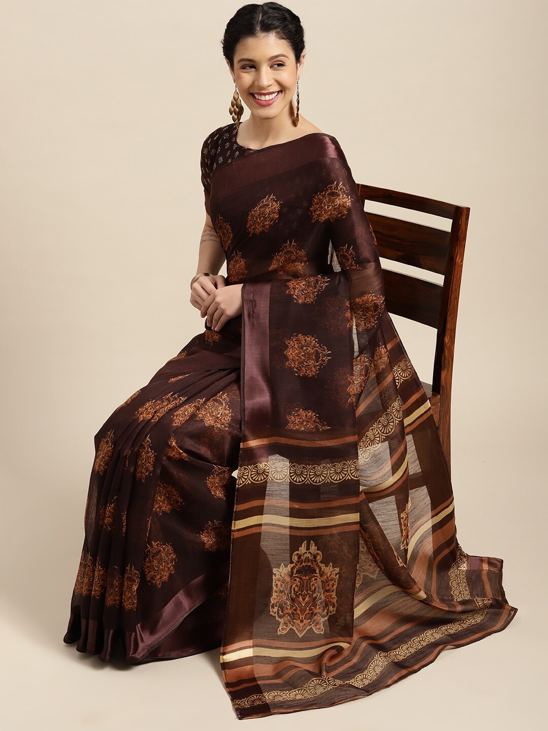 

KALINI Ethnic Motif Printed Saree With Blouse Piece, Brown