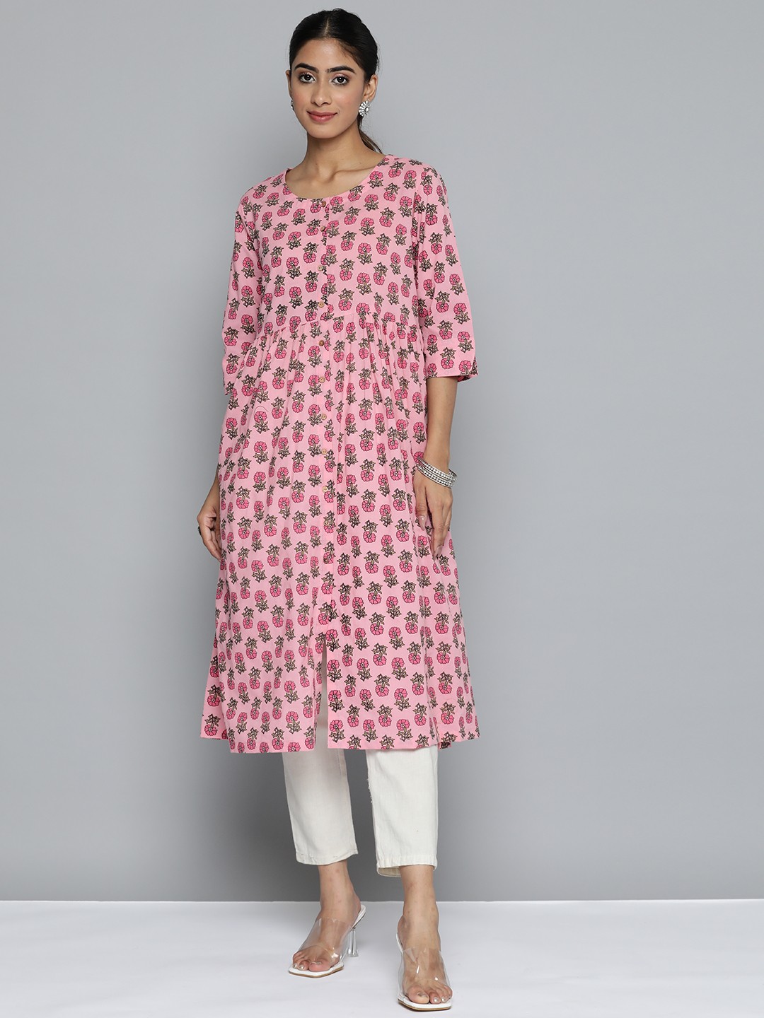 

HERE&NOW Floral Printed Pure Cotton Kurta, Pink