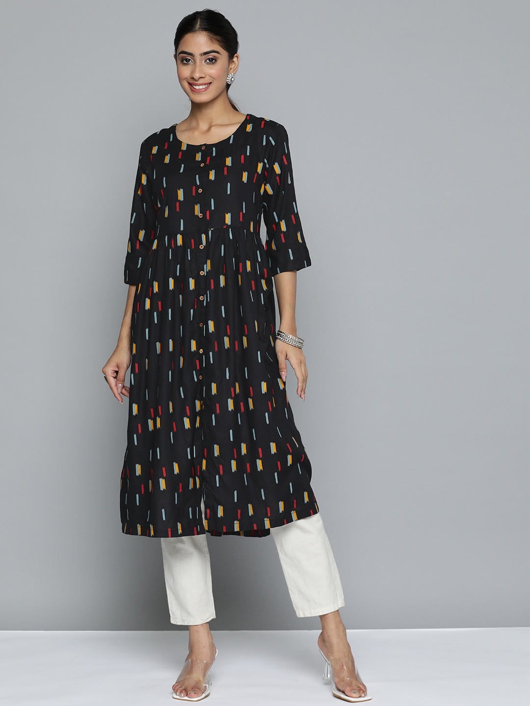 

HERE&NOW Geometric Printed Kurta, Black