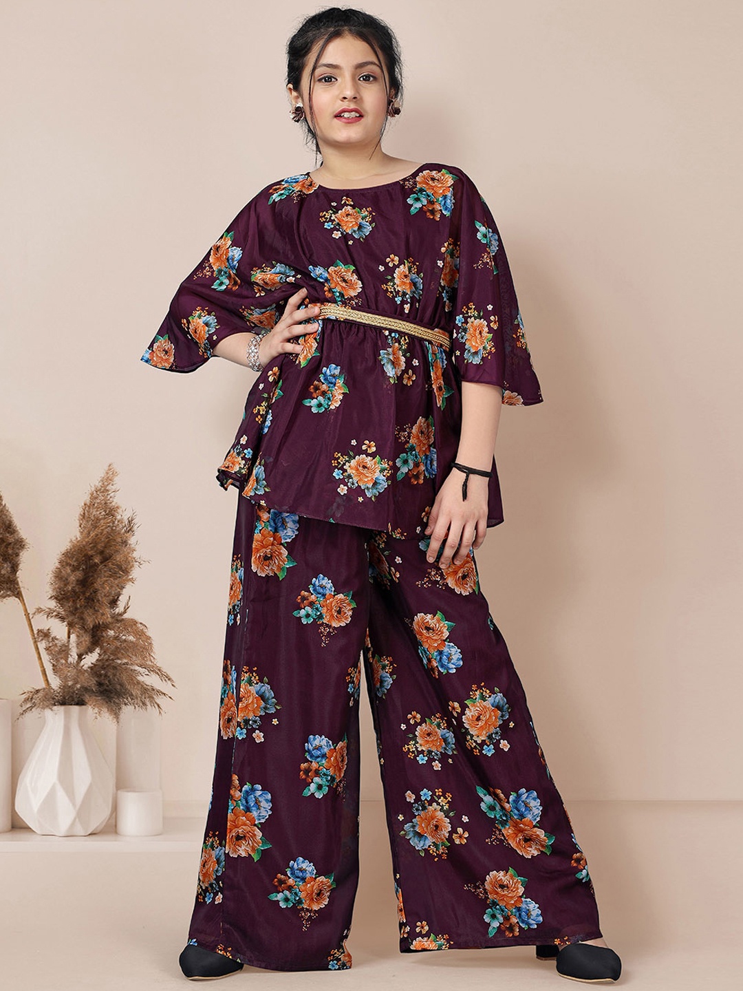 

FASHION DREAM Girls Floral Printed Belted Kaftan Top with Palazzos, Purple