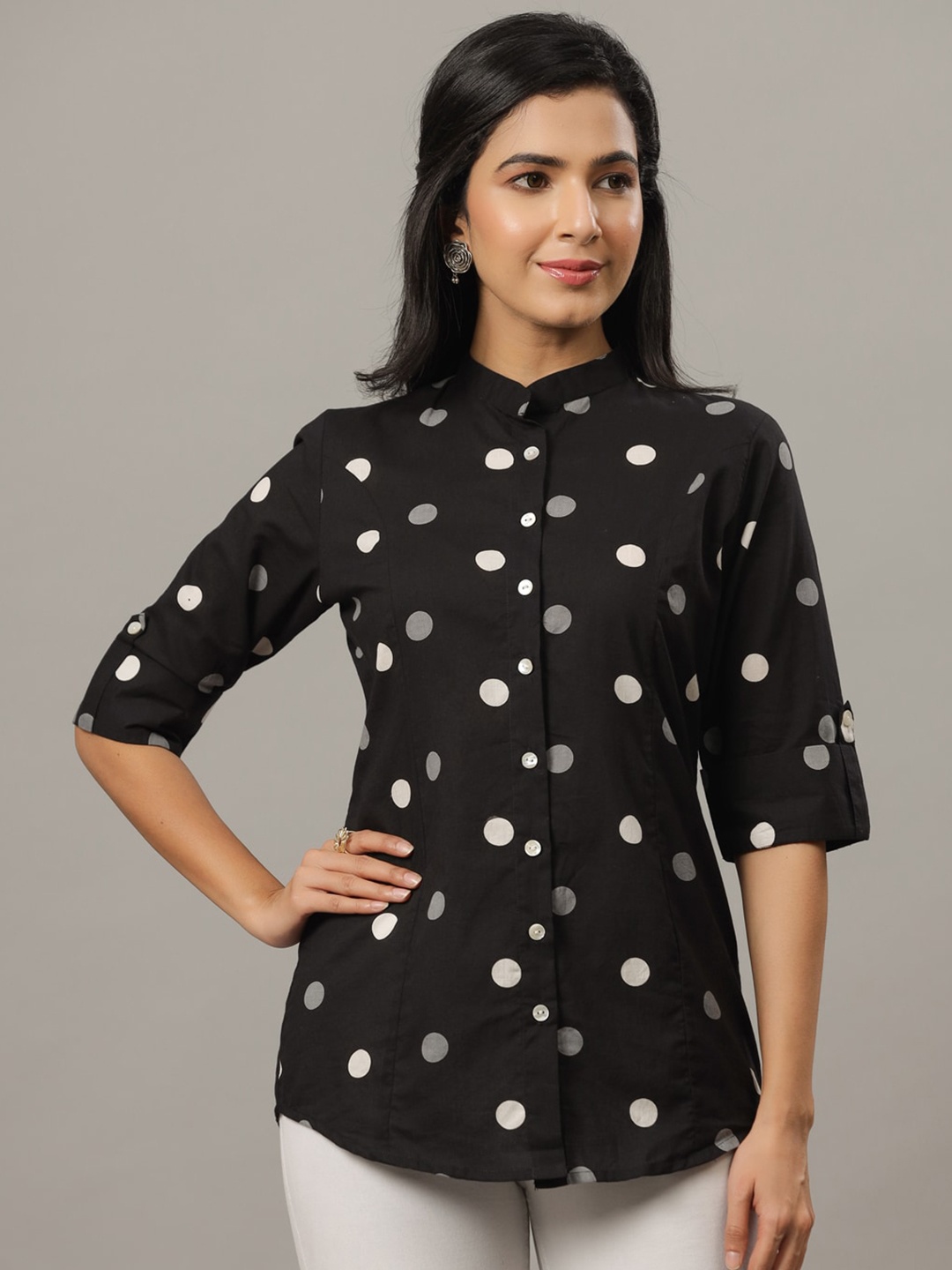 

Indian Virasat Comfort Polka Dots Printed Mandarin Collar Roll-Up Sleeves Cotton Shirt, Black