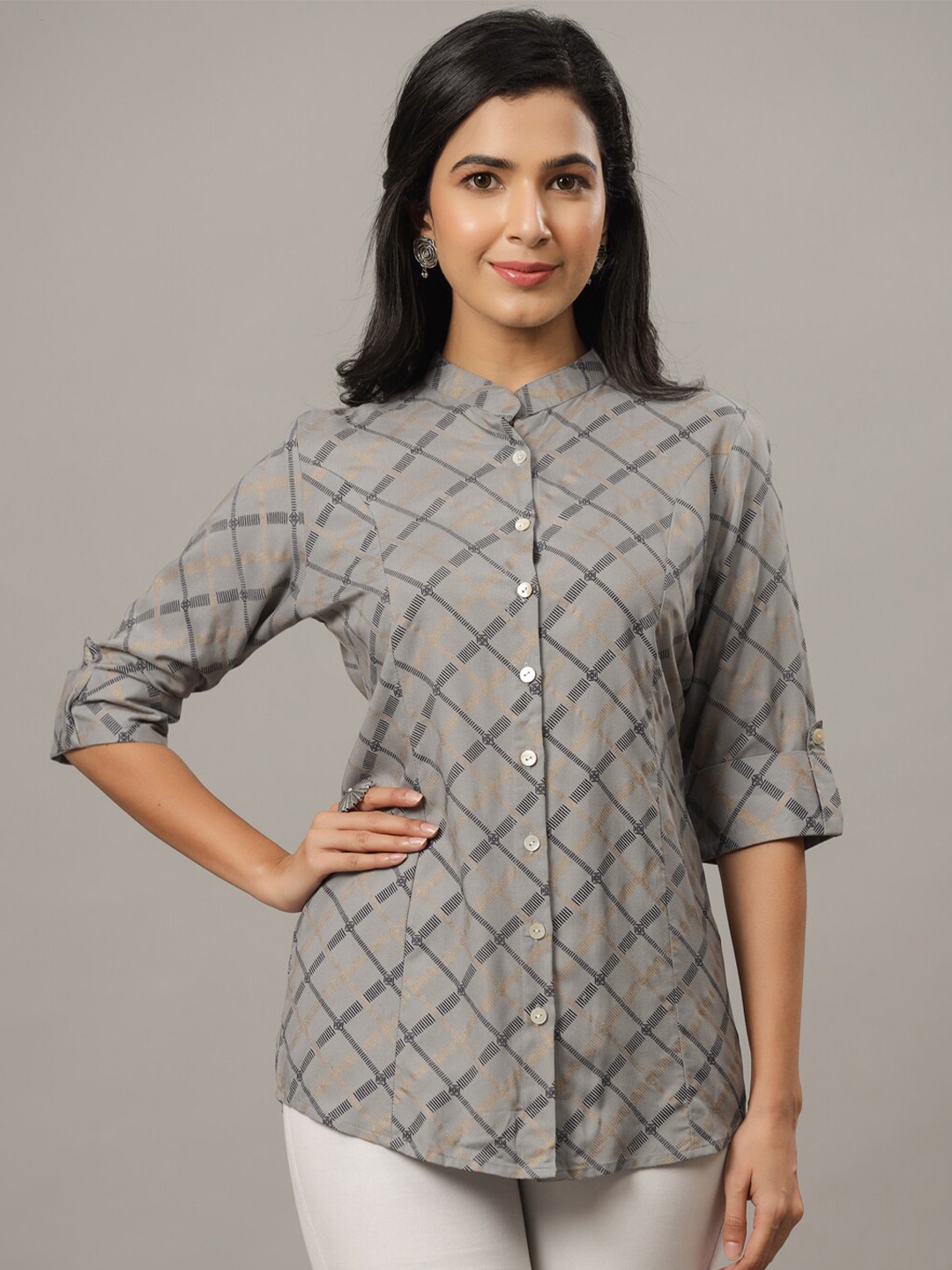 

Indian Virasat Women Printed Roll-Up Sleeves Comfort Opaque Casual Shirt, Grey