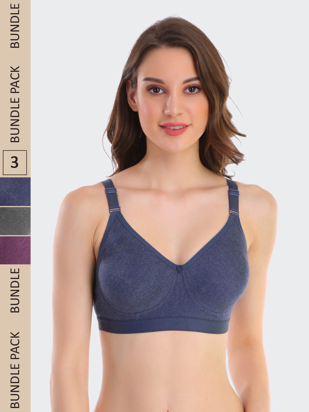 

POOJA RAGENEE Pack Of 3 Non Padded T-Shirt Bra - Full Coverage, Navy blue