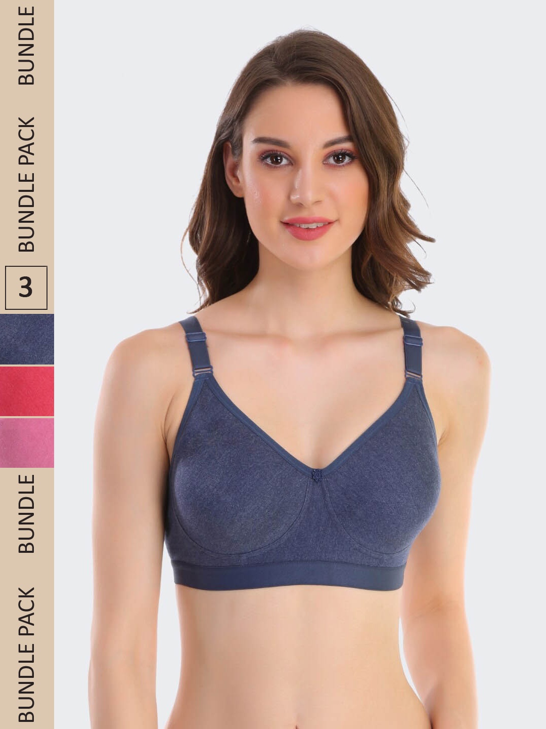 

POOJA RAGENEE Pack Of 3 Non Padded T-Shirt Bra - Full Coverage, Navy blue