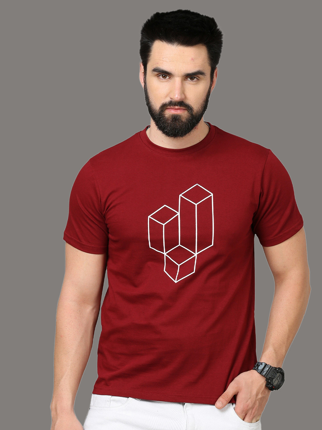 

CAZZBA Geometric Printed Cotton Slim Fit T-shirt, Maroon