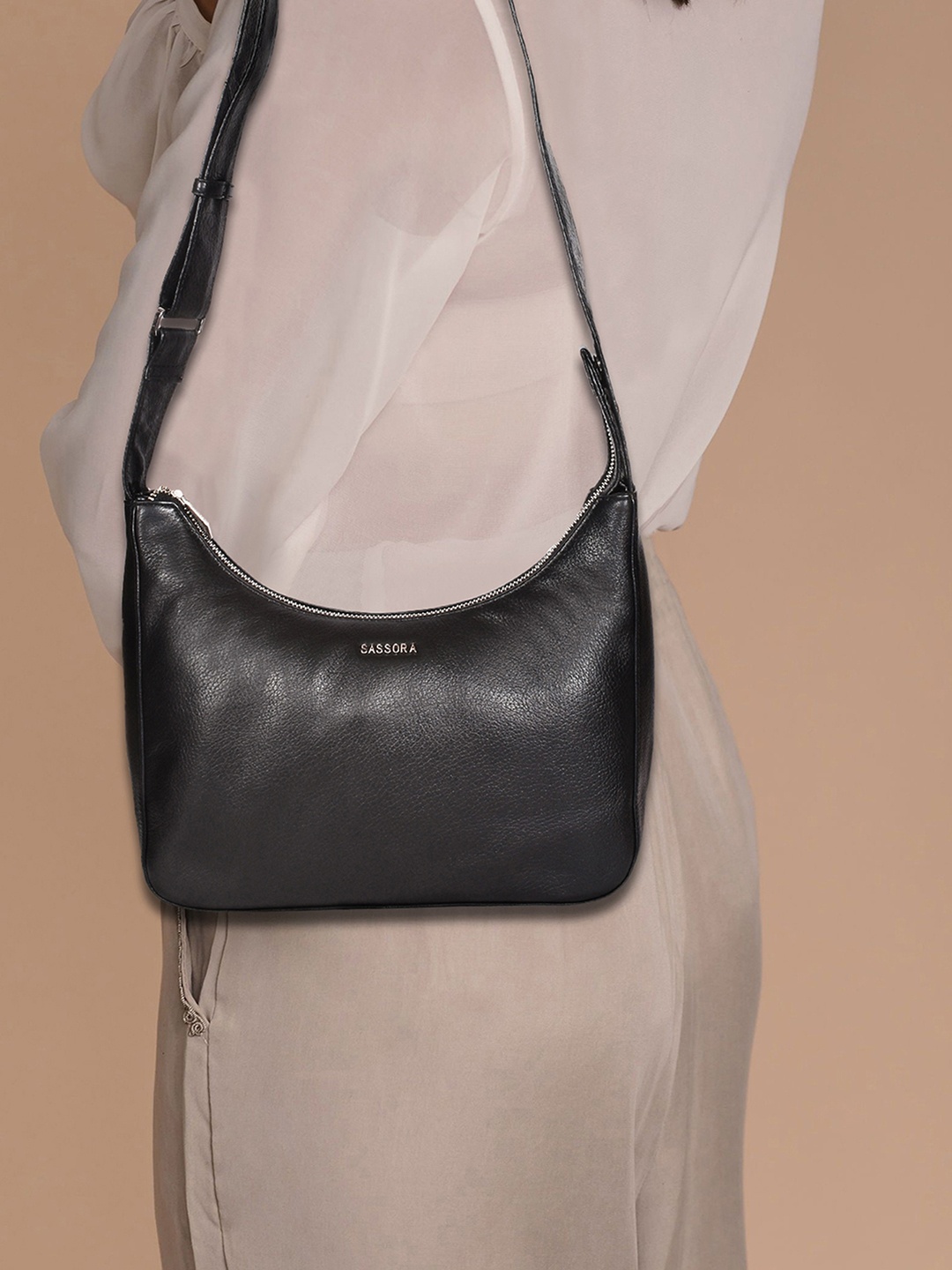 

Sassora Textured Leather Structured Hobo Bag, Black