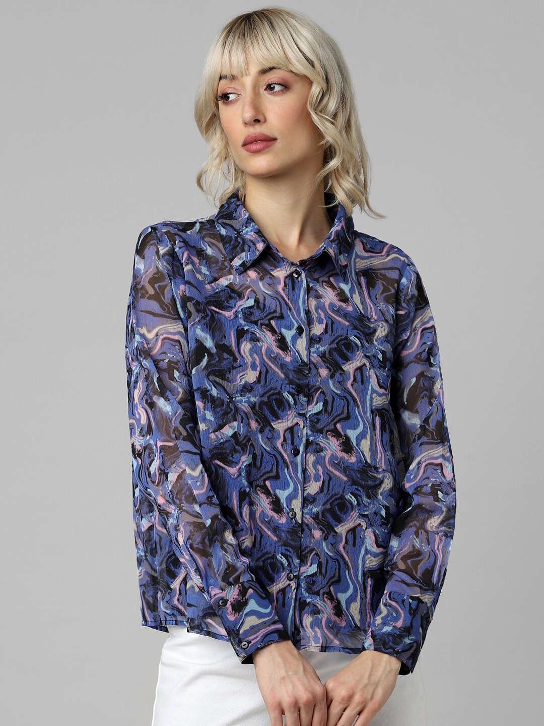 

ONLY Onl Uex Pretty Ls Opaque Printed Casual Shirt, Blue