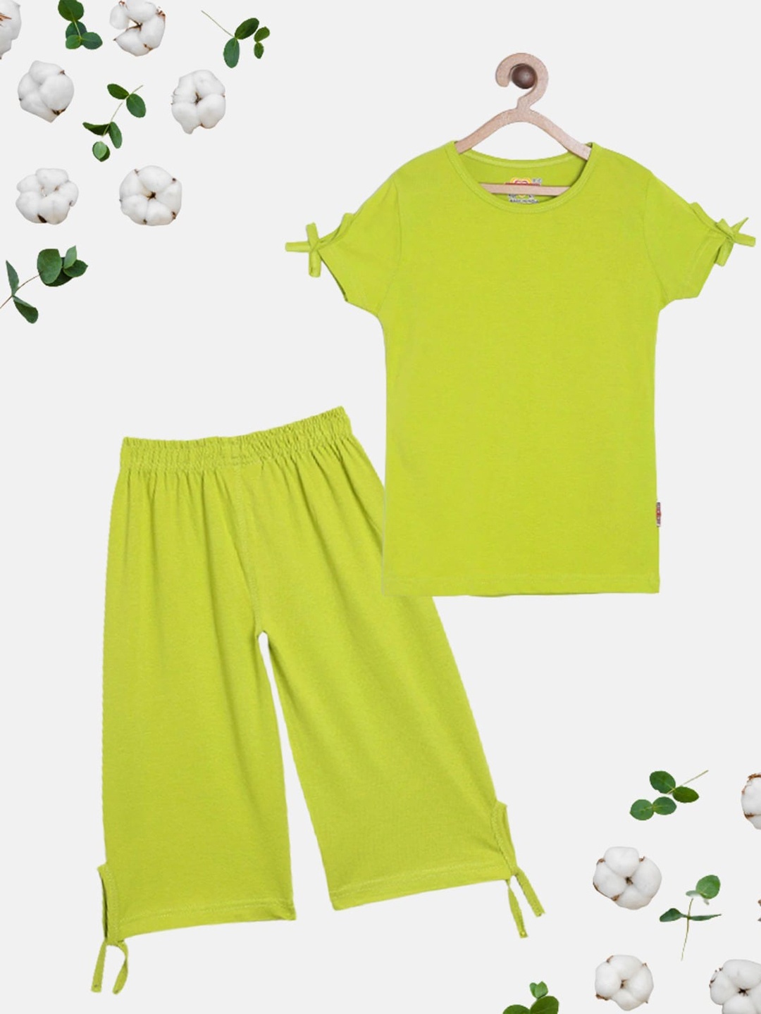 

SINI MINI Girls Round Neck Pure Cotton Night Suit, Lime green