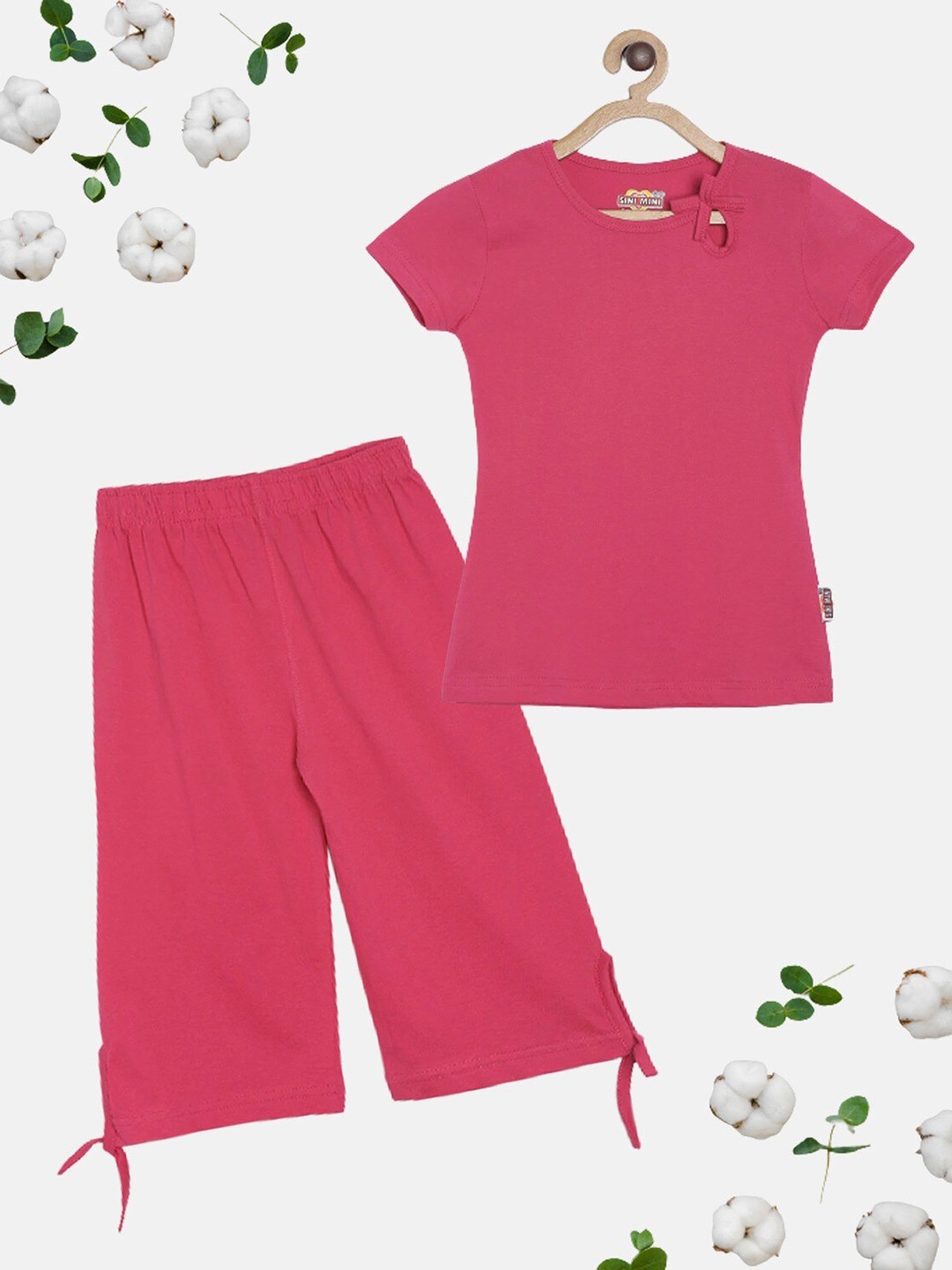 

SINI MINI Girls Round Neck Pure Cotton Night Suit, Pink