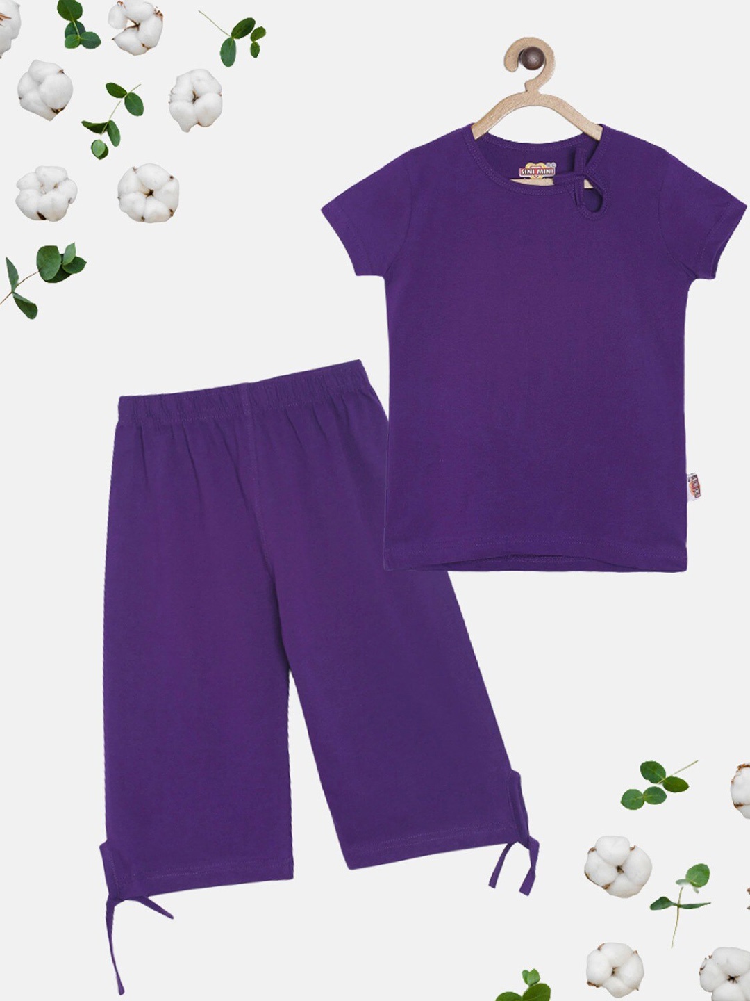 

SINI MINI Girls Round Neck Pure Cotton Night Suit, Purple