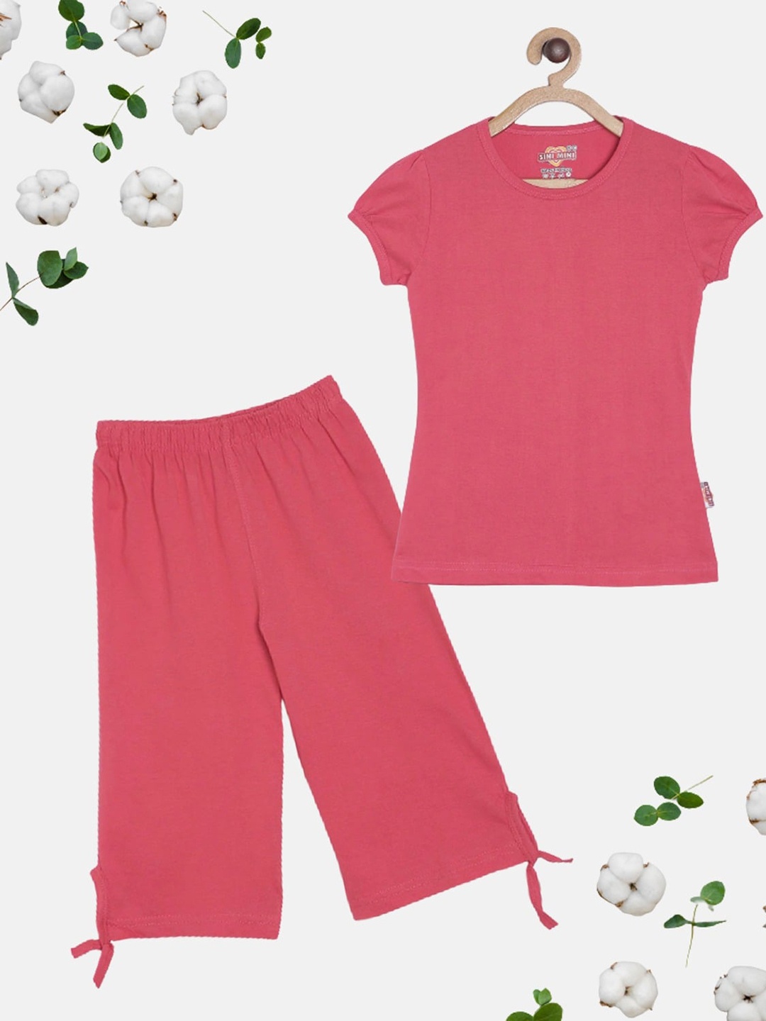 

SINI MINI Girls Round Neck Pure Cotton Night Suit, Rose