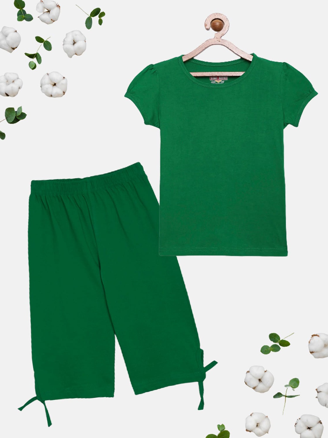 

SINI MINI Girls Round Neck Pure Cotton Night Suit, Green