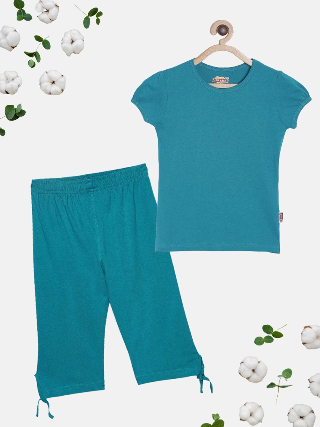 

SINI MINI Girls Round Neck Pure Cotton Night Suit, Teal