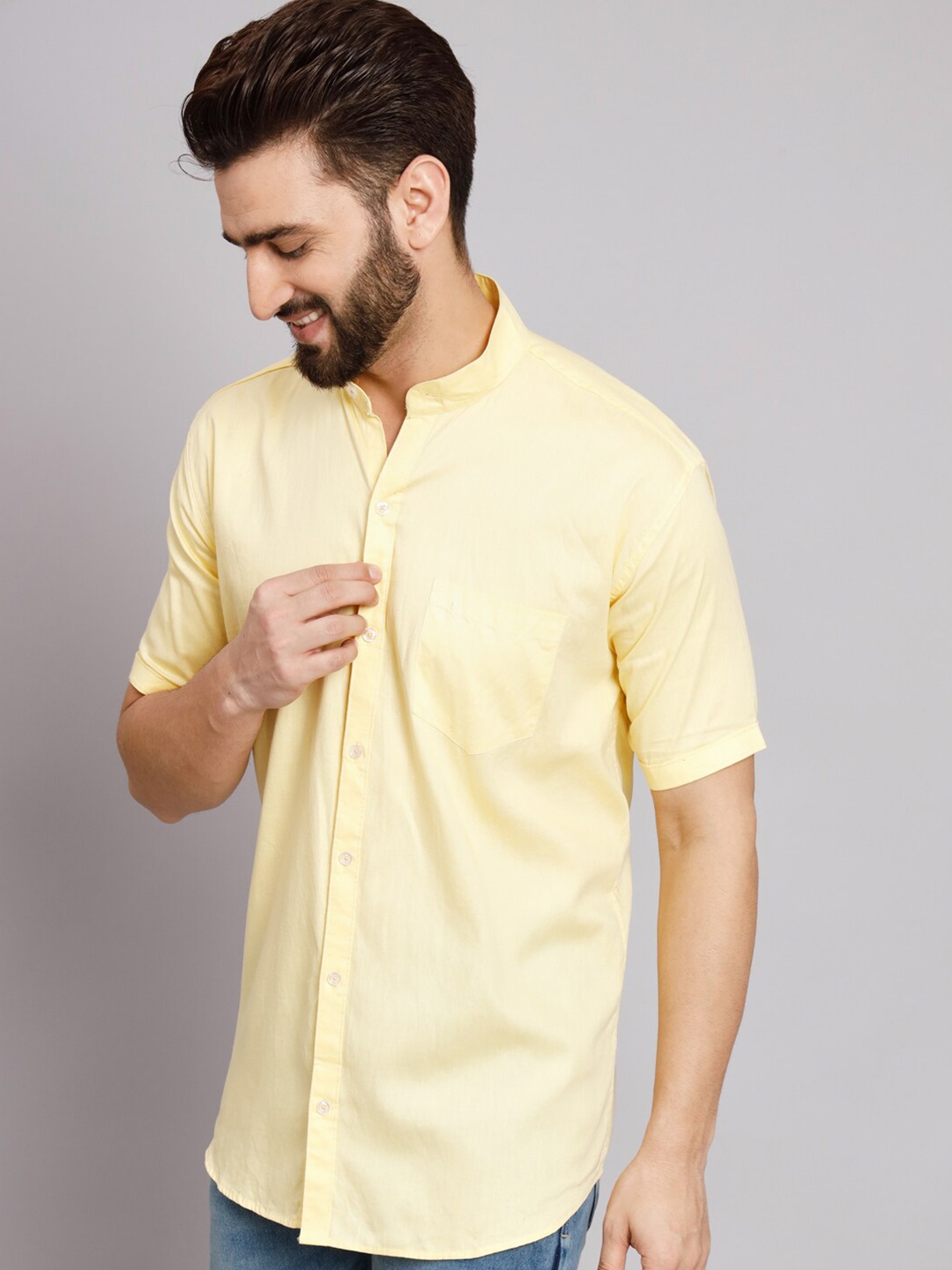 

POP CULTURE Band Collar Casual Cotton Shirt, Yellow