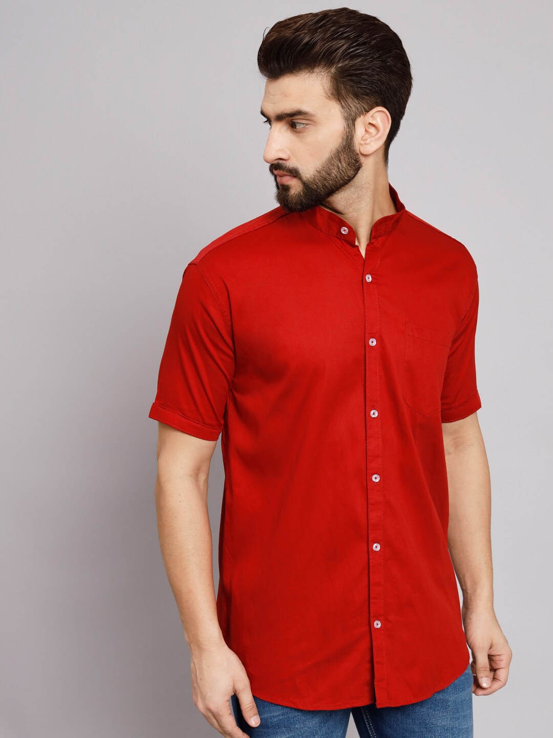 

POP CULTURE Mandarin Collar Twill Cotton Casual Shirt, Maroon