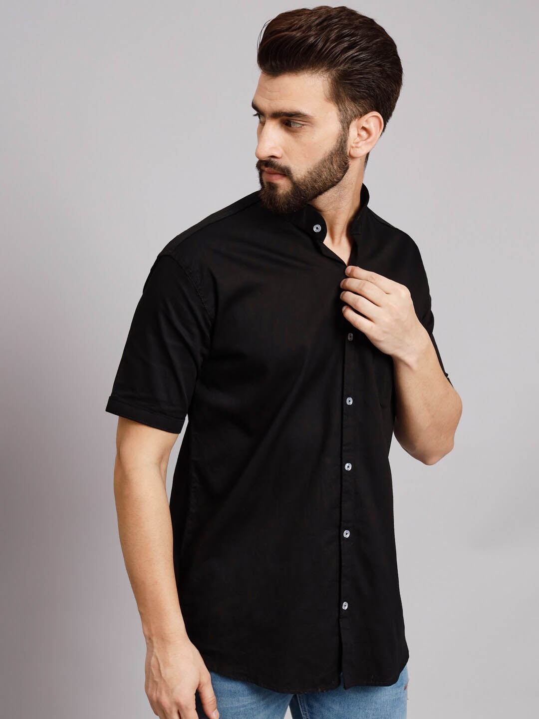 

POP CULTURE Mandarin Collar Twill Cotton Casual Shirt, Black