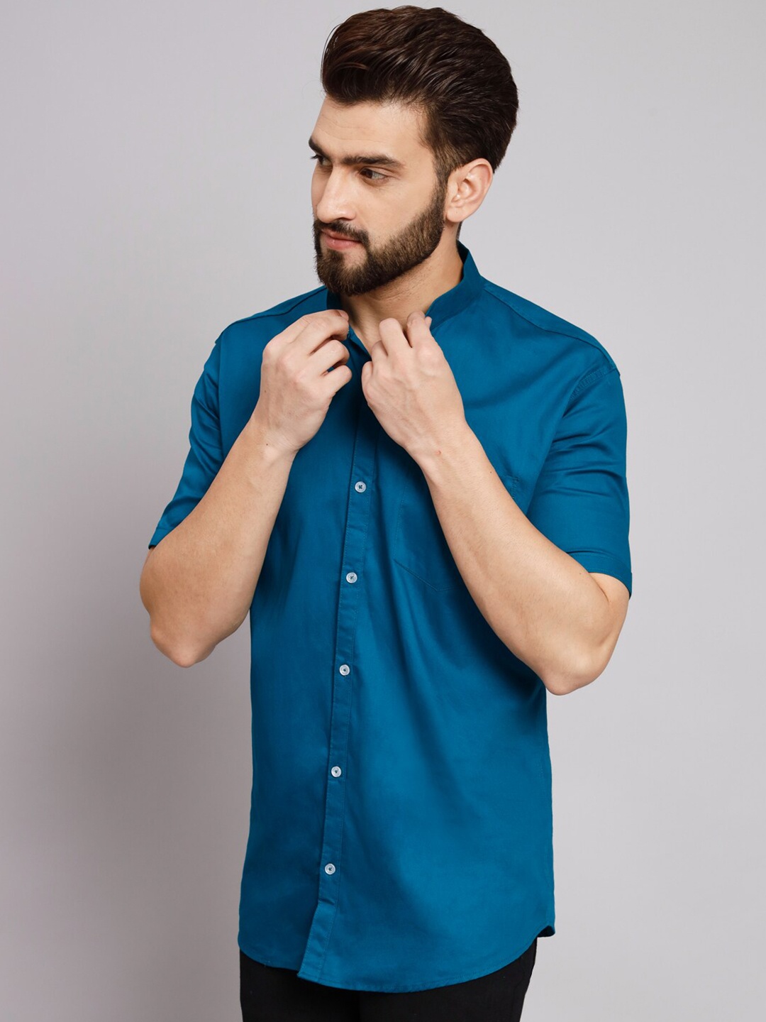 

POP CULTURE Band Collar Casual Cotton Shirt, Teal