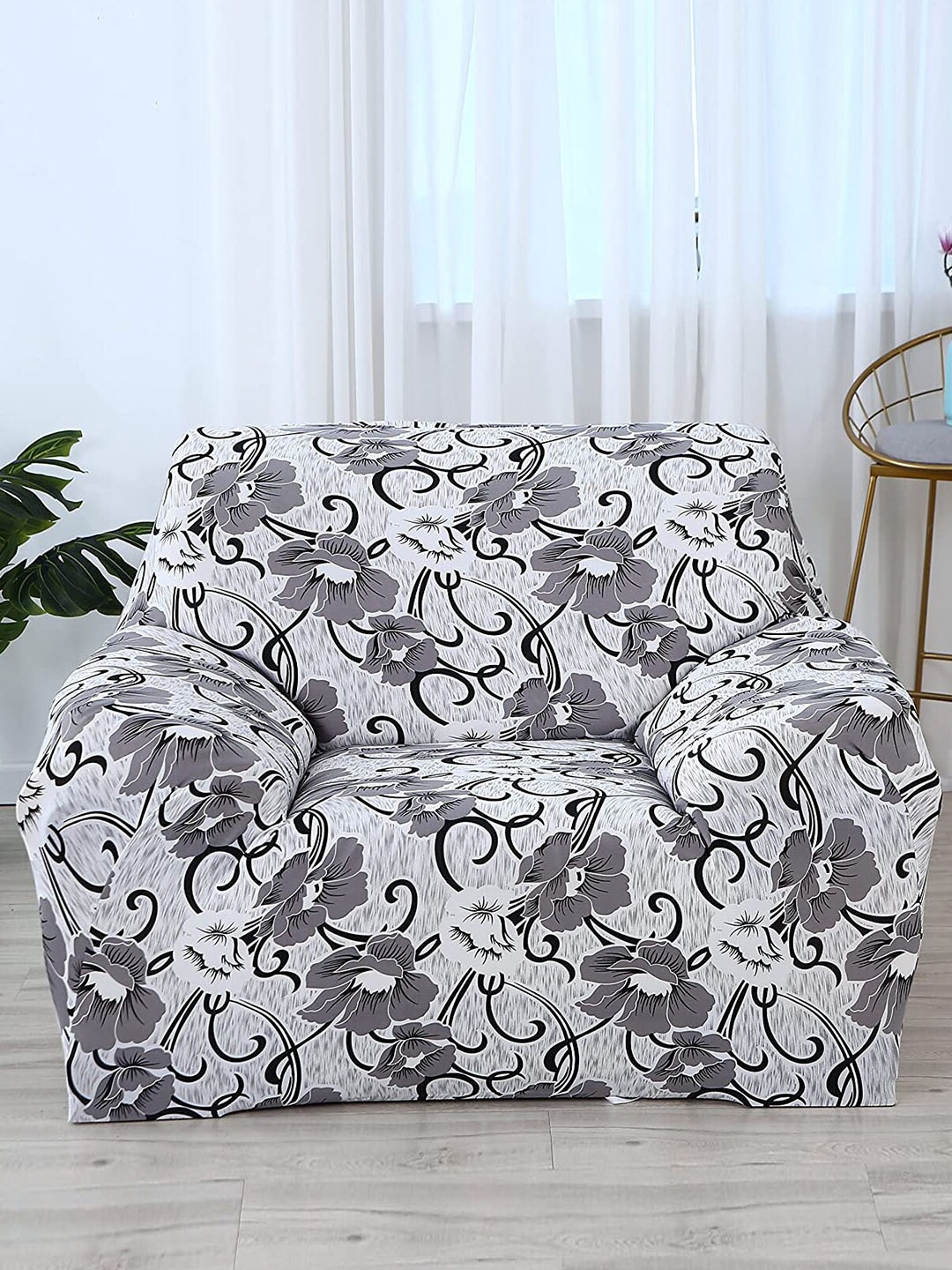 

HOUSE OF QUIRK Grey & Black Floral Printed Stretchable Single-Seater Sofa Slipcover