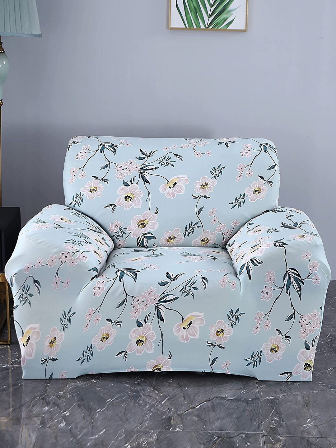 

HOUSE OF QUIRK Green & Pink Floral Printed Stretchable Single-Seater Sofa Slipcover