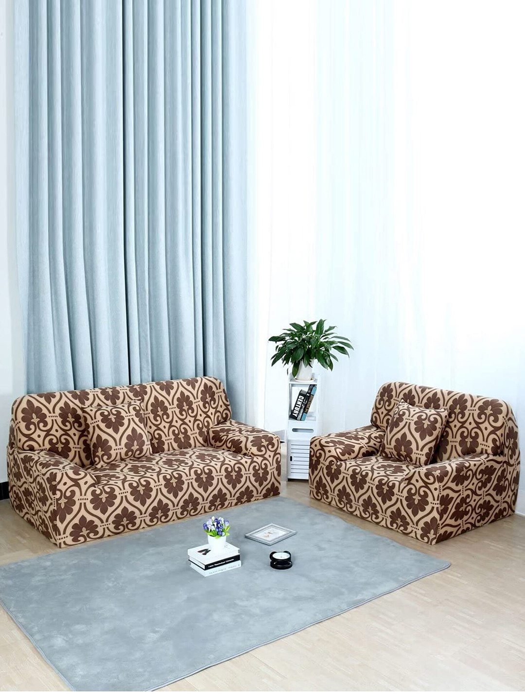 

HOUSE OF QUIRK Brown & Beige Printed Stretchable Single Seater Sofa Slip Cover