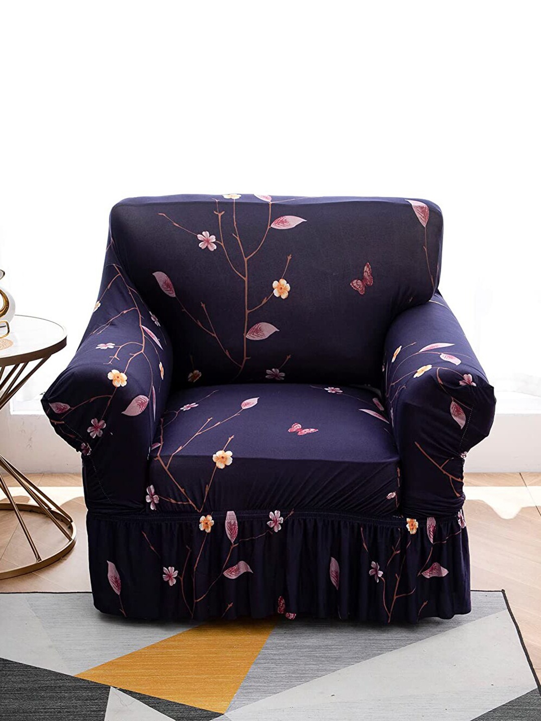 

HOUSE OF QUIRK Purple & Pink Floral Printed Stretchable Single-Seater Sofa Slipcover, Navy blue