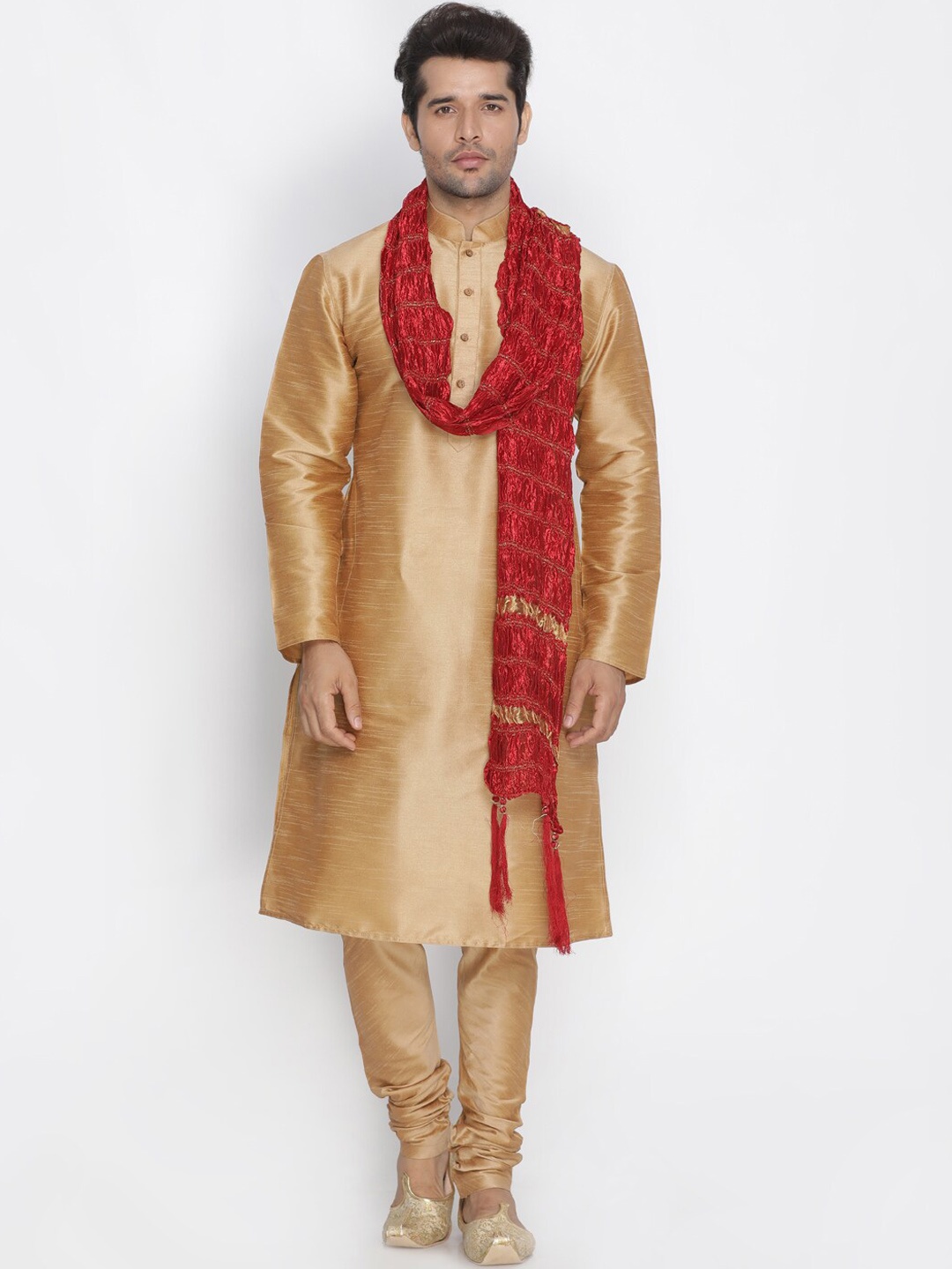 

VASTRAMAY Mandarin Collar Straight Kurta with Churidar & Dupatta, Rose gold