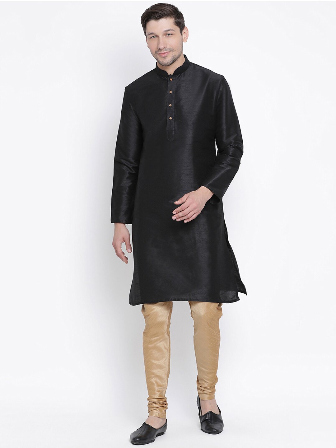 

VASTRAMAY Mandarin Collar Straight Kurta with Churidar, Black