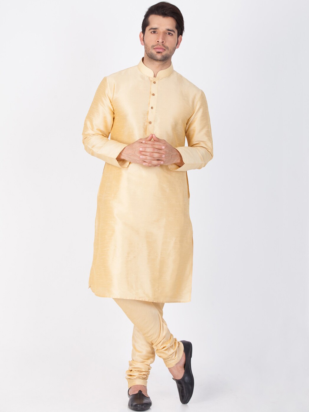 

VASTRAMAY Mandarin Collar Long Sleeves Straight Kurta With Churidar, Gold