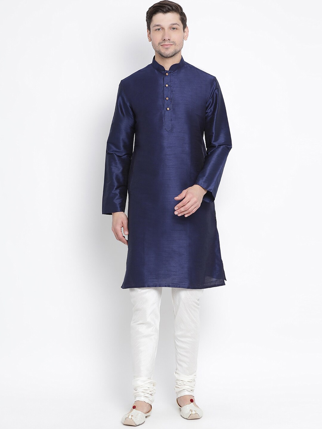 

VASTRAMAY Mandarin Collar Straight Kurta with Churidar, Navy blue