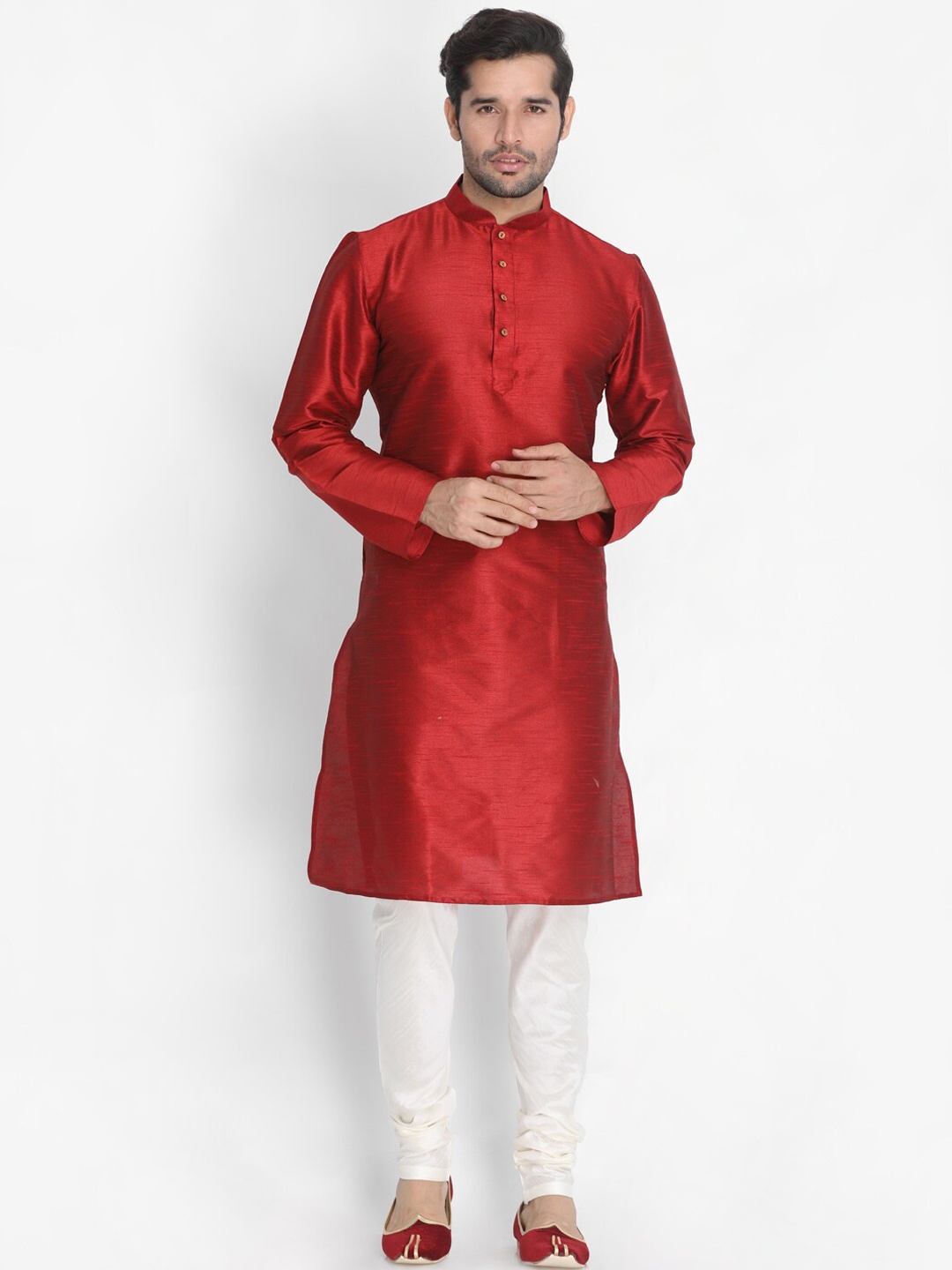 

VASTRAMAY Mandarin Collar Long Sleeves Straight Kurta With Churidar, Maroon