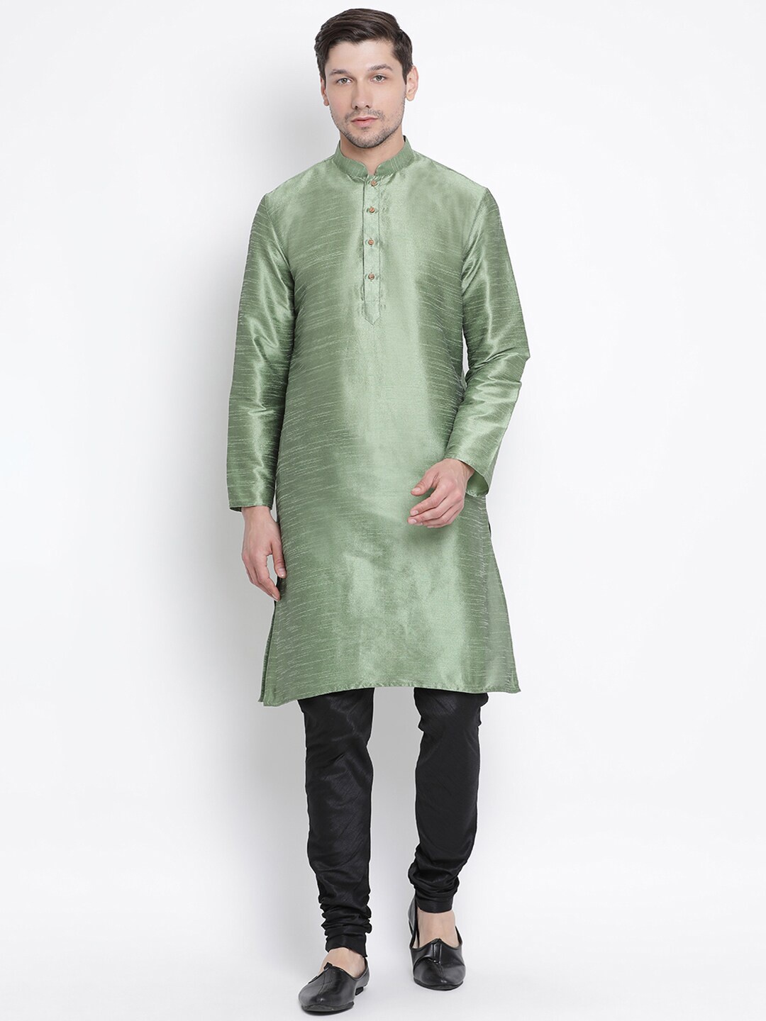 

VASTRAMAY Mandarin Collar Regular Straight Kurta With Churidar, Green