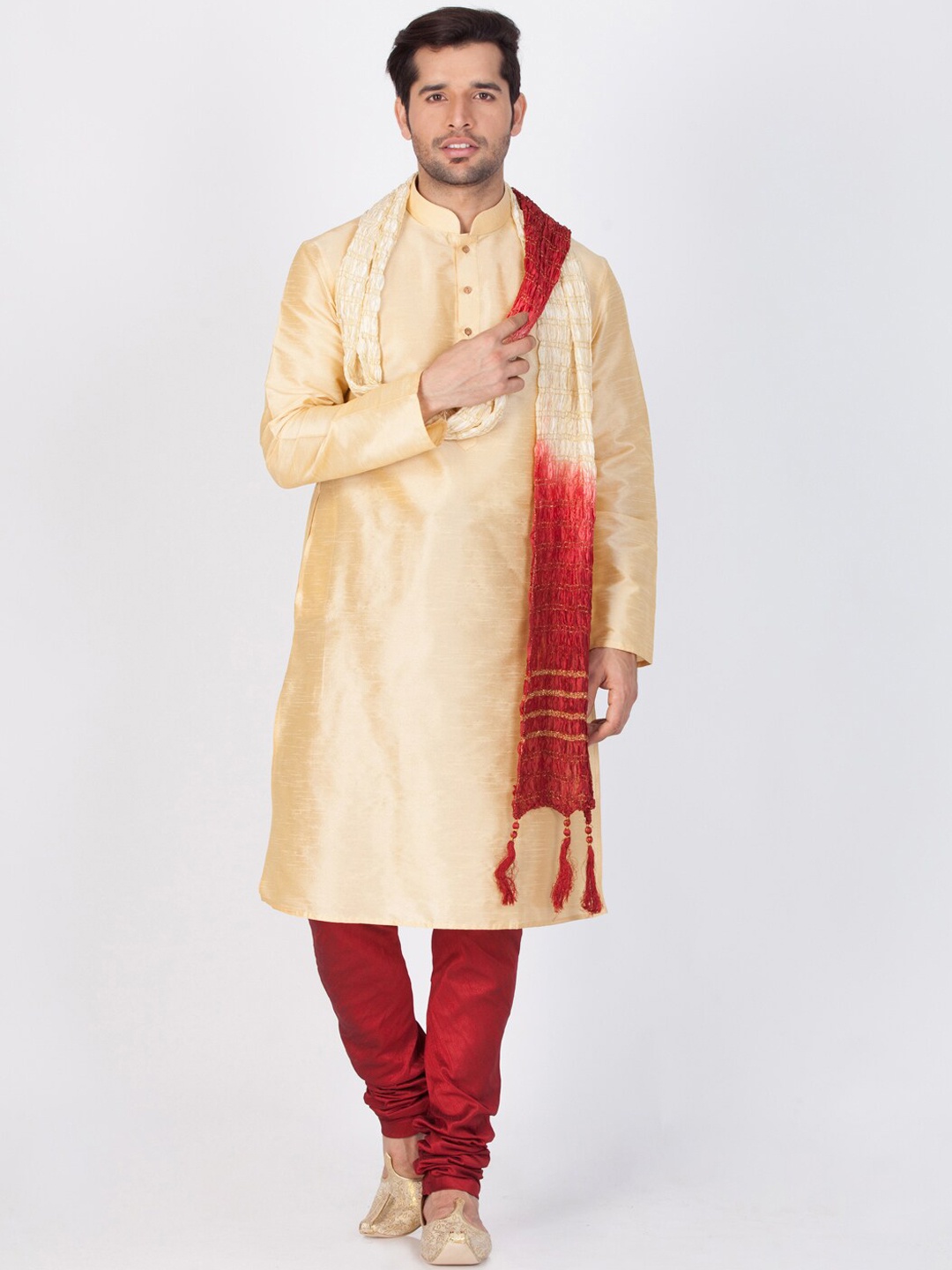 

VASTRAMAY Mandarin Collar Regular Straight Kurta With Churidar & Dupatta, Gold