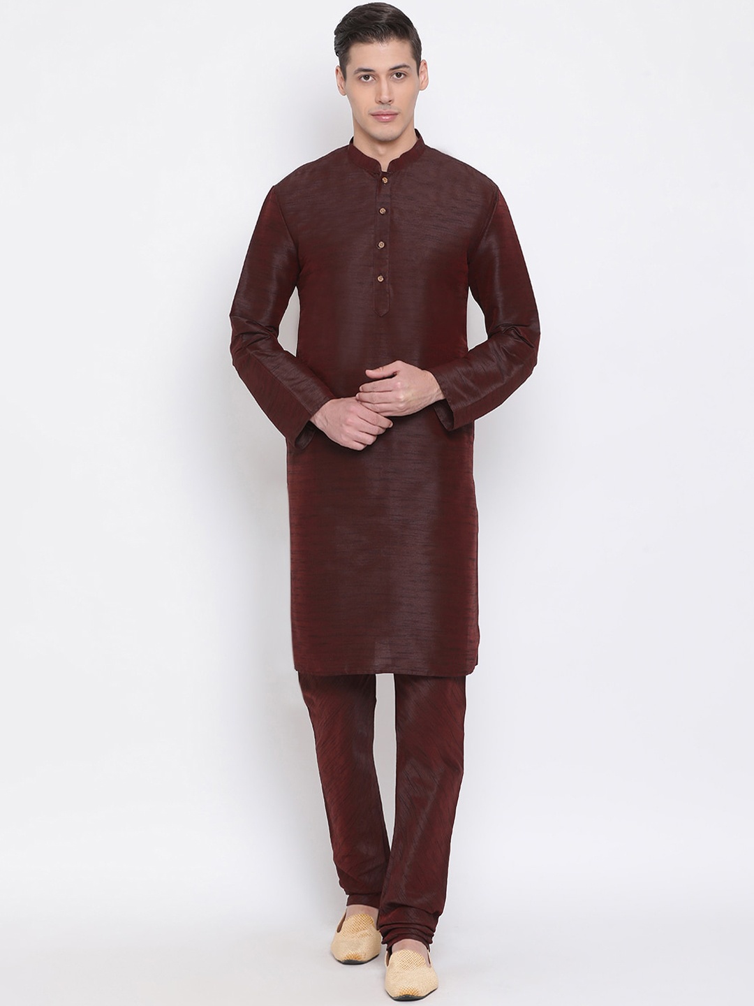 

VASTRAMAY Mandarin Collar Kurta with Churidar, Brown