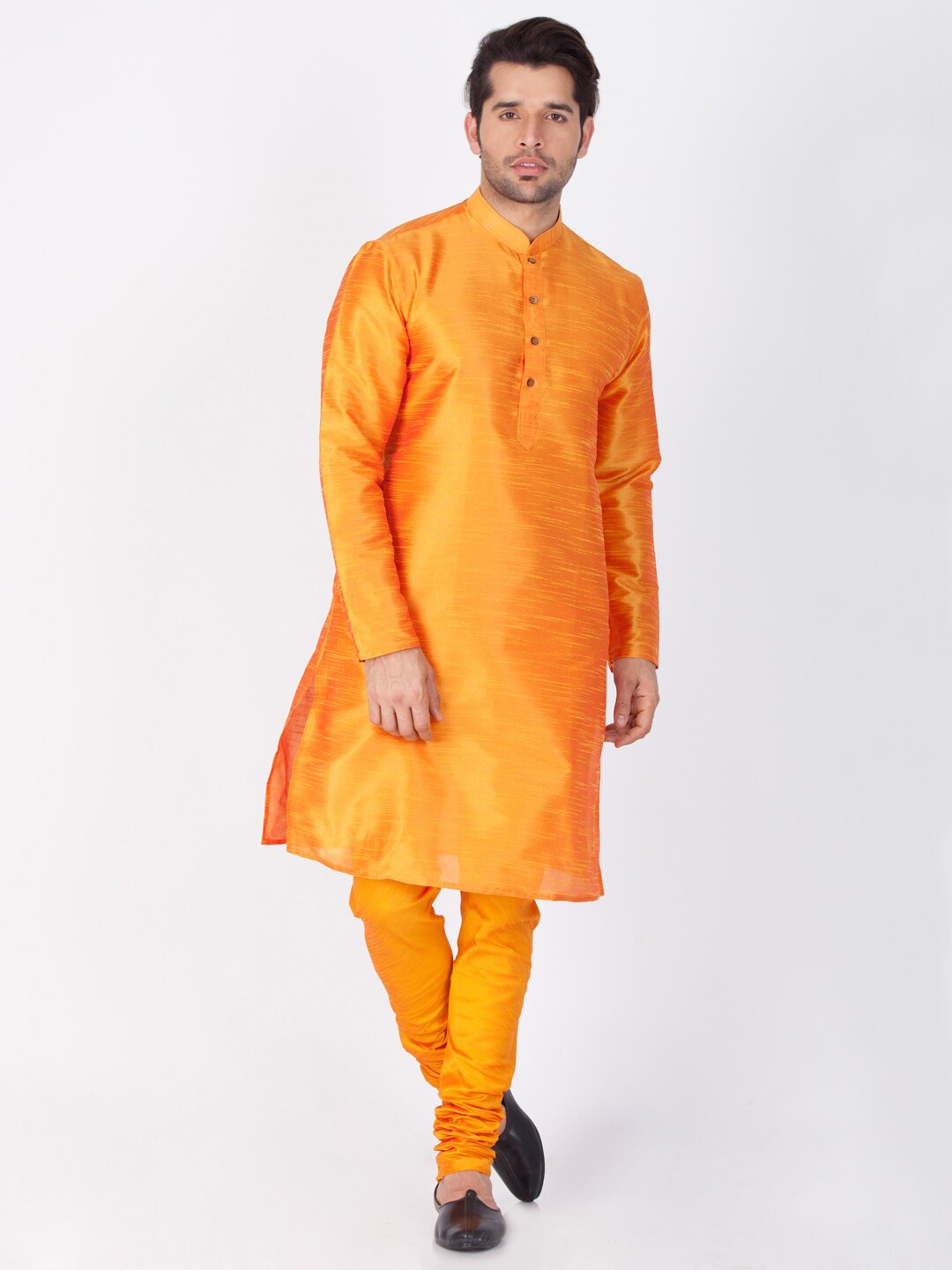 

VASTRAMAY Mandarin Collar Long Sleeves Straight Kurta With Churidar, Orange