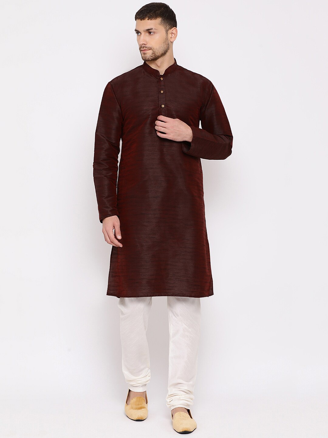

VASTRAMAY Mandarin Collar Regular Straight Kurta With Churidar, Burgundy