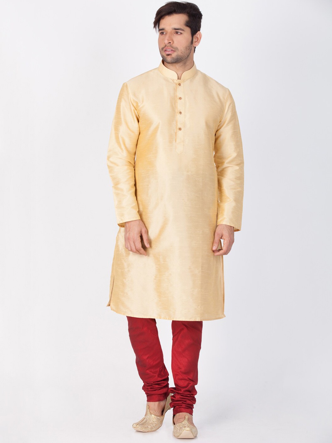 

VASTRAMAY Mandarin Collar Long Sleeves Straight Kurta With Churidar, Gold